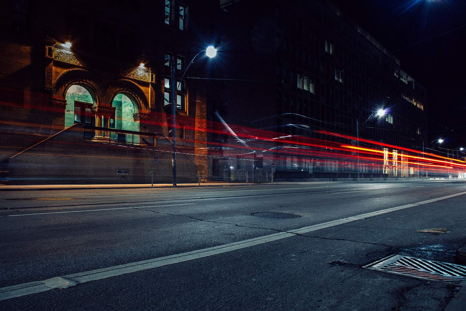 Toronto street at night with car light trails